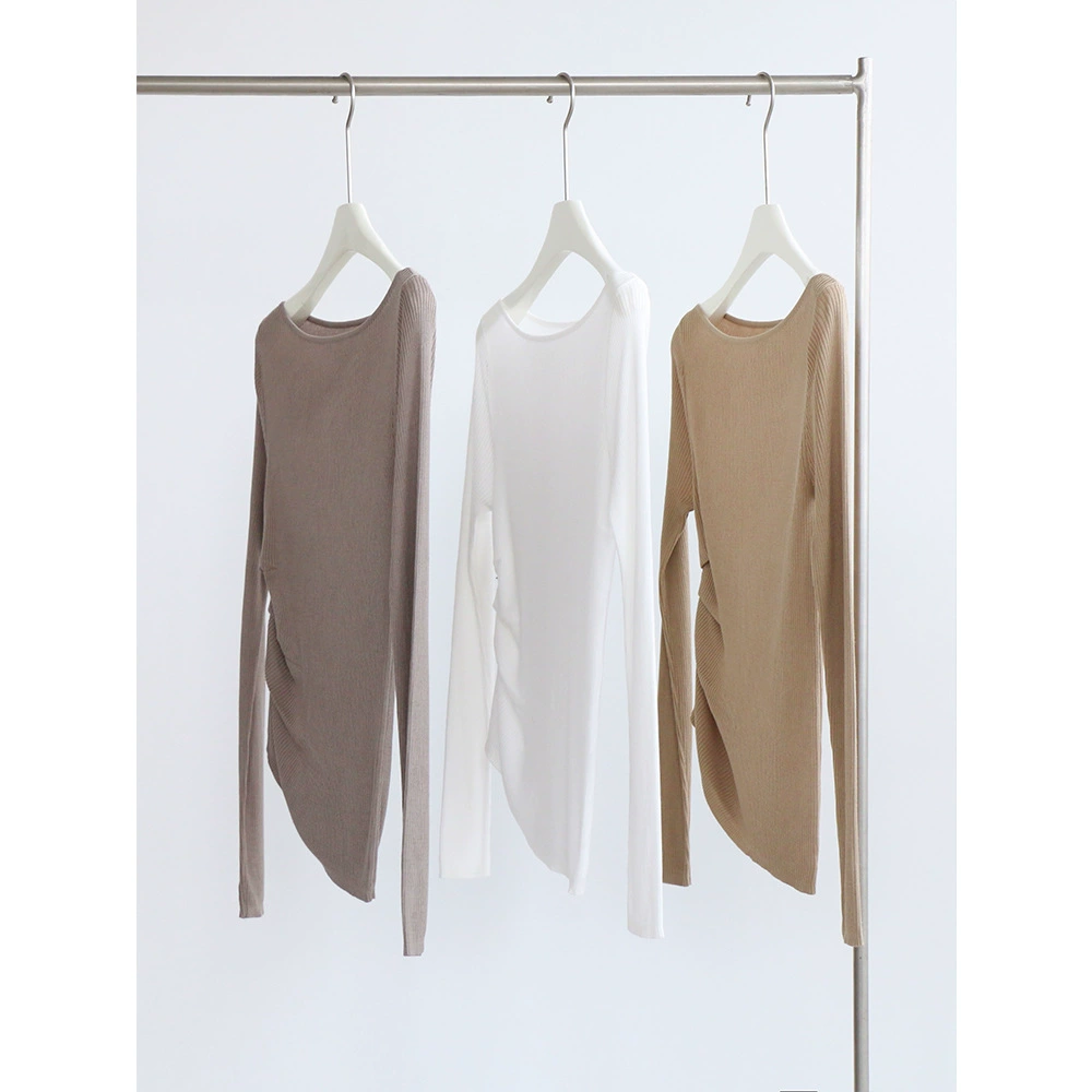 Боковой зажим Плиссированный 14 игл Три нити Лиоцелл Ранняя осень Трикотаж с длинным рукавом Женский пуловер Базовый Топ Tencel Модный