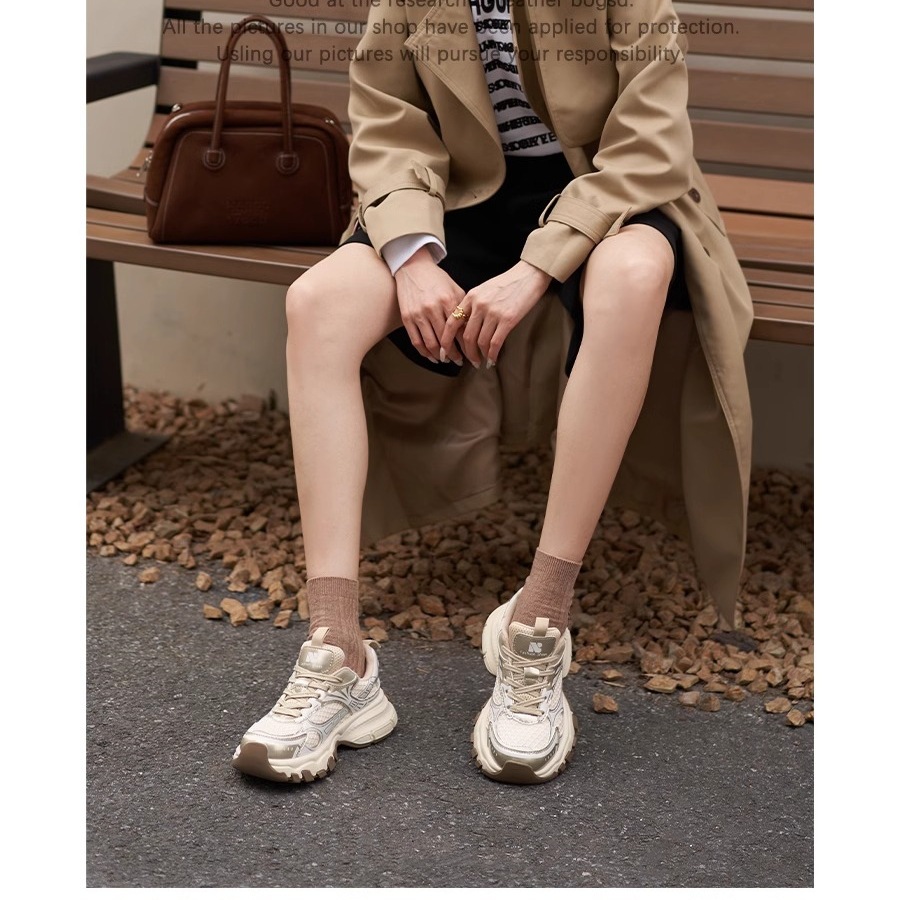 Baskets de running en cuir véritable argenté à semelles épaisses_voghion.com