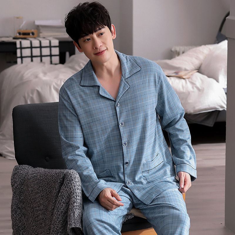 Pijamas de los hombres de primavera y otoño de manga larga más el tamaño de algodón de doble cara cardigan traje 5XL Otoño e Invierno ropa de abrigo homewear