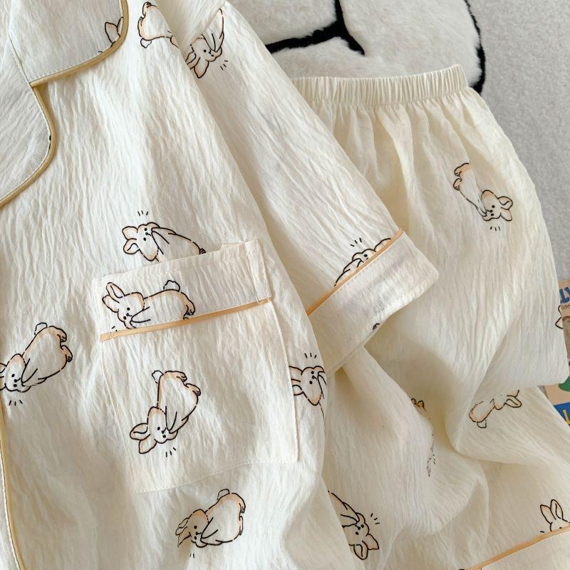 Verano nuevo pijama de algodón nube delgada suelta mujer gran hermana gorda dos piezas de dibujos animados impresión ropa para el hogar