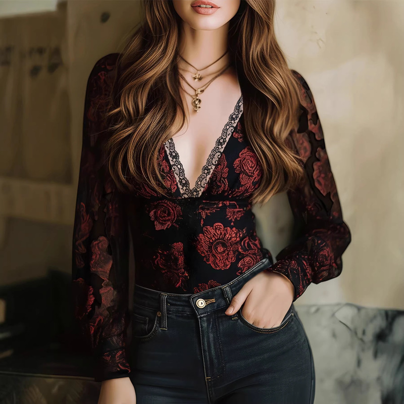 2026 European and American Amazon Independent Site European and American Cross-Border Bohemian Paisley Velvet Print French-Style Shirt