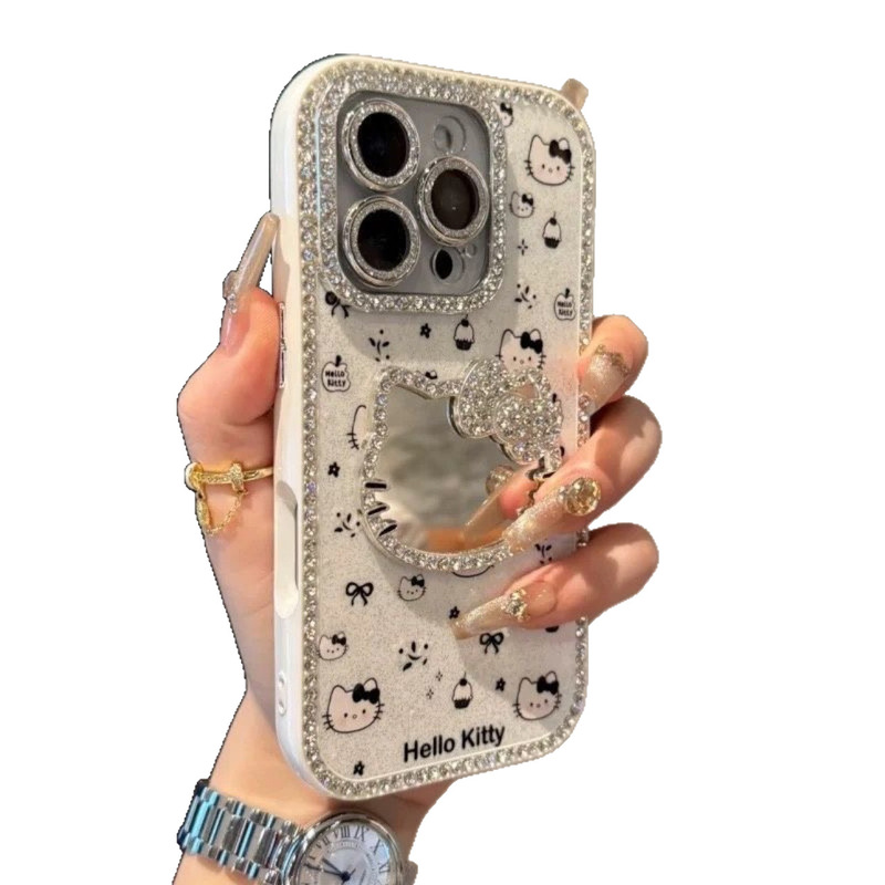 全包边镶钻立体化妆镜KT猫适用iPhone16max手机壳15苹果手机壳14|undefined