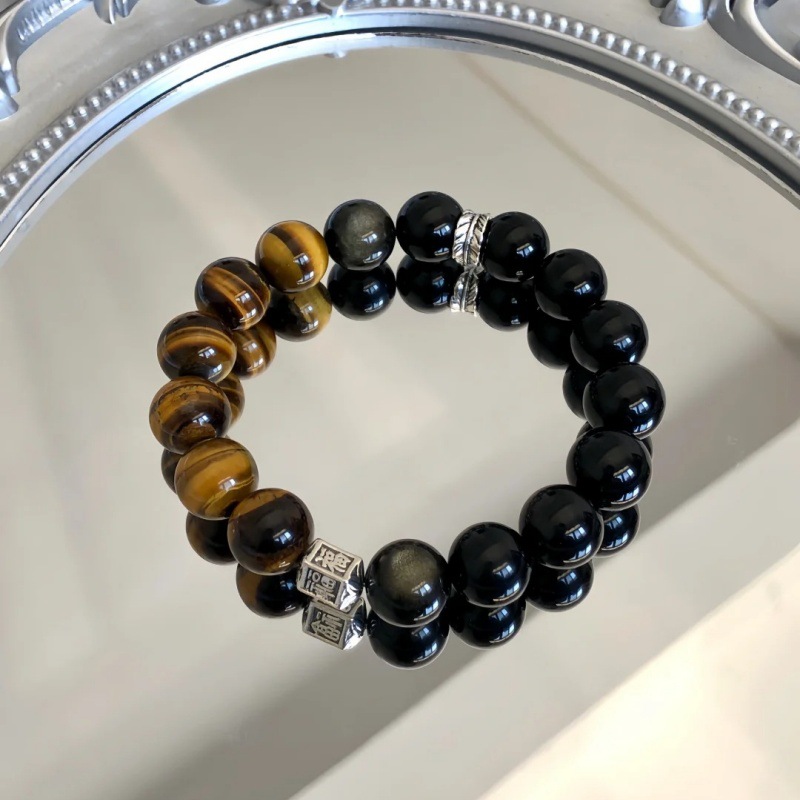 Natural Silver Obsidian Tiger Eye Stone Obsidian Bracelet Men's Good Luck Six-Character Motto Accessible Luxury High-End Bracelet