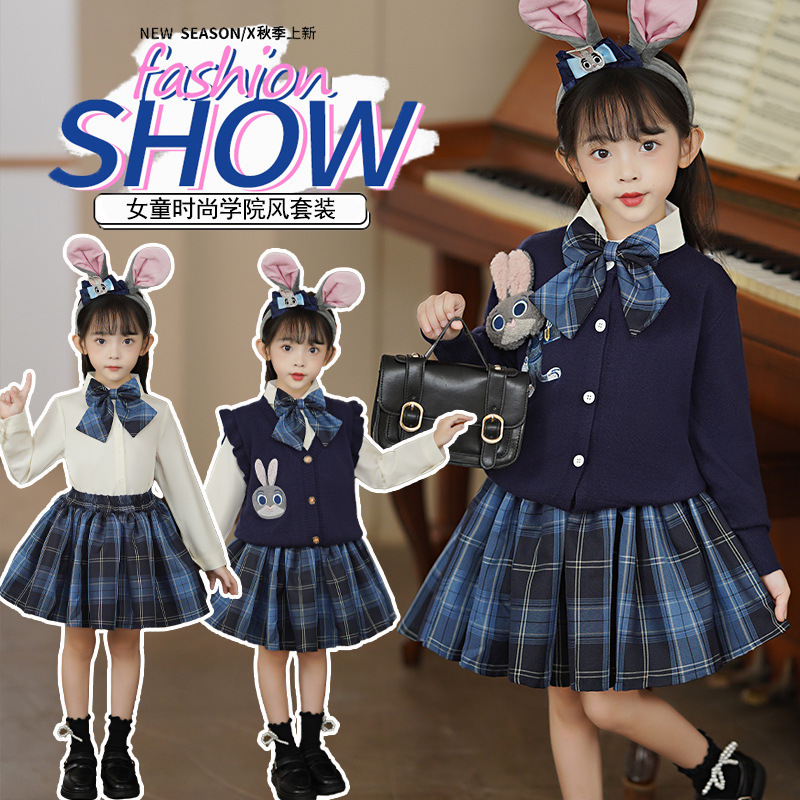 Girls Spring & Fall Suit Kidsren's Preppy Style Girl Sweater Pleated Skirt Judy Rabbit Police Officer Jk Skirt Three-Piece Set