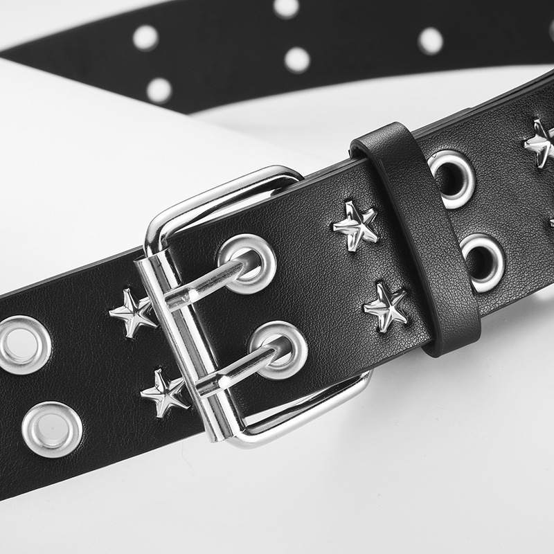 Cinturón Punk con Doble Ojal y Estrellas de Cuero Sintético con Hebilla de Aguja