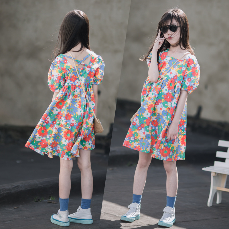 Vestido de niña de verano para niña de manga corta con falda floral impresa para niños medianos y grandes de verano delgado vestido de princesa de algodón fino