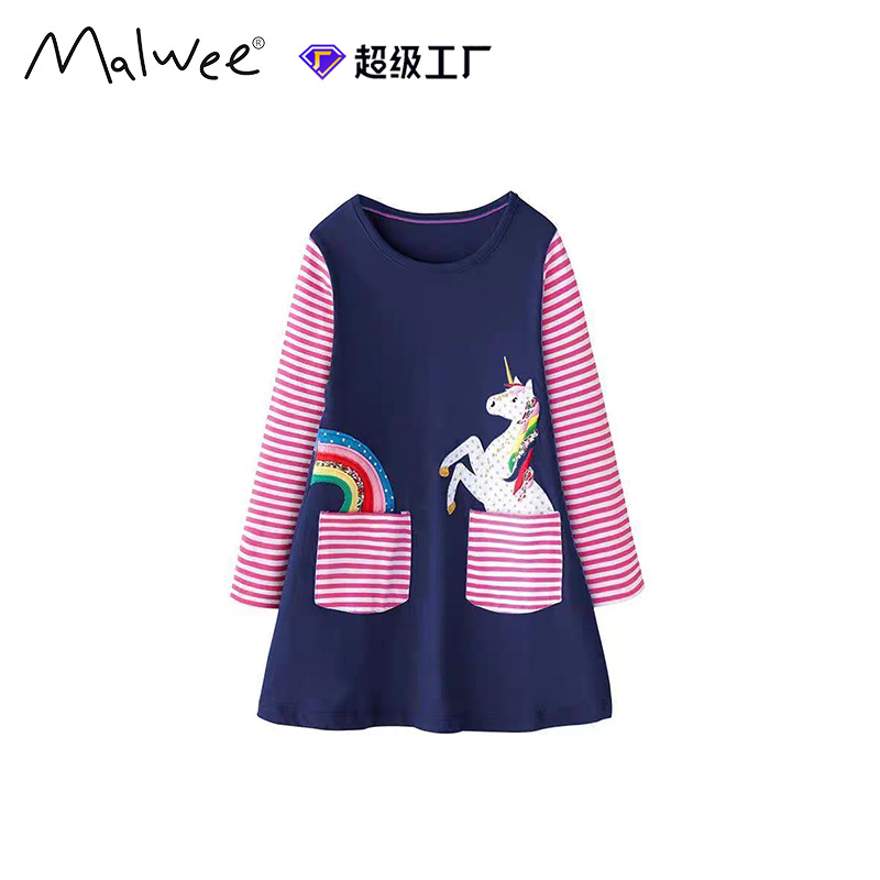 Vestido de niña otoño y invierno nuevo estilo europeo y americano rayas de manga larga vestido de princesa de cuello redondo casual ropa infantil