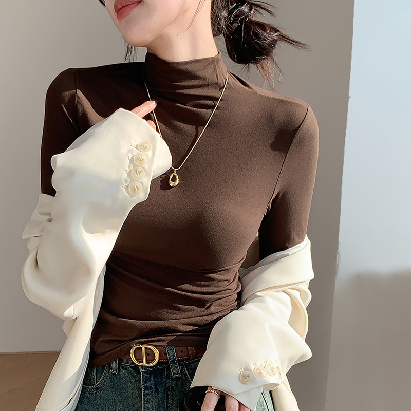 Camiseta legging de cuello medio alto para mujeres 2024 otoño y invierno nuevo ajustado interior con camiseta de manga larga delgada y delgada chaqueta de aire extranjero image 2
