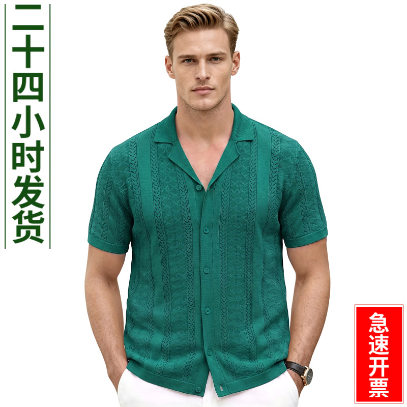 Verano cuello cubano agujero Jacquard camiseta de punto de color sólido transpirable cardigan casual polo camiseta de hombre transfronterizo SJ0194