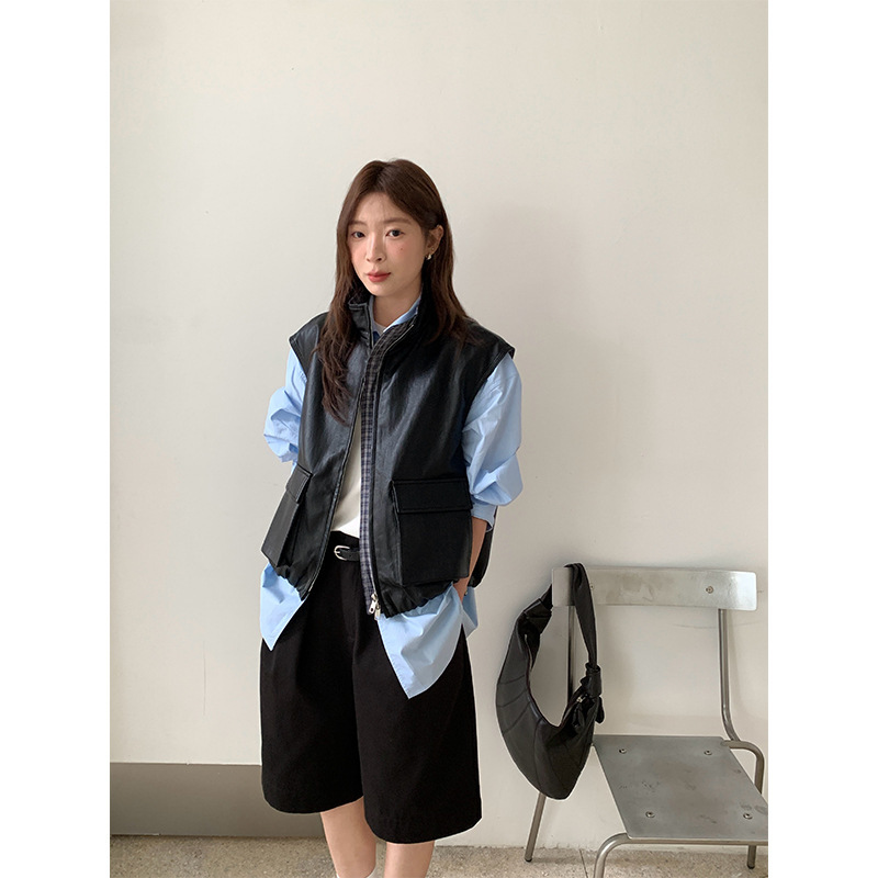 (No Returns or Exchanges) Feiding2026 Spring Stand Collar Sleeveless Korean Style Motorcycle Pu Leather Vest P2035 (No Returns or Exchanges) Feiding2026 Spring Stand Collar Sleeveless Korean Style Motorcycle Pu Leather Vest P2035
