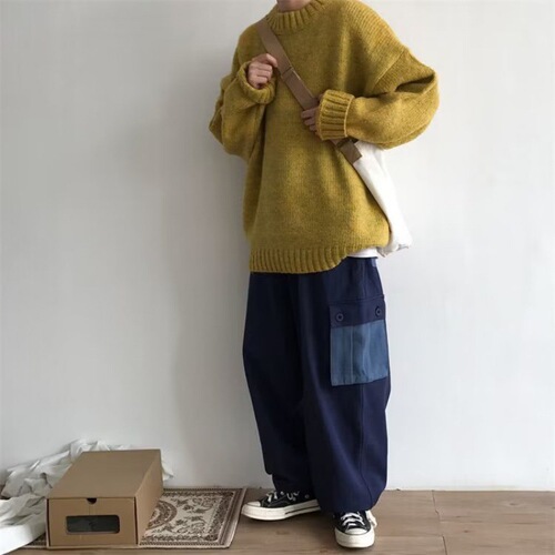 Men's Winter Round Neck Sweater, Loose Fit, Japanese Style, Couple's Student Knit Top, Trendy Base Knitwear