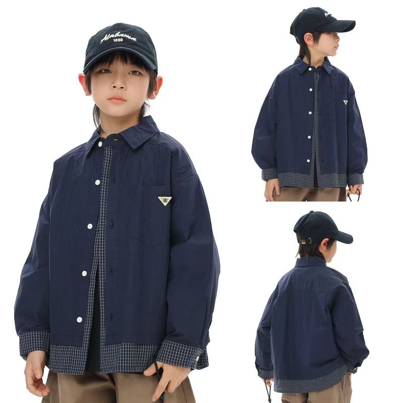 Boys' Shirt 2026 Autumn New Korean Style Children's Faux Two-Piece Shirt Stylish Plaid Patchwork Top for Boys
