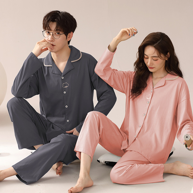 Couple pajamas pure cotton spring and autumn thin long sleeve solid color spring and summer men's and women's air-conditioned room home wear suit can be worn outside Couple pajamas pure cotton spring and autumn thin long sleeve solid color spring and summer men's and women's air-conditioned room home wear suit can be worn outside