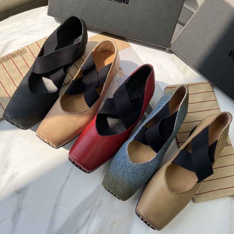 Square-Toe Ballet Shoes for Women, Uma Pig-Nose Shallow Mouth Retro Flat Shoes with Chunky Heels, Vintage Design