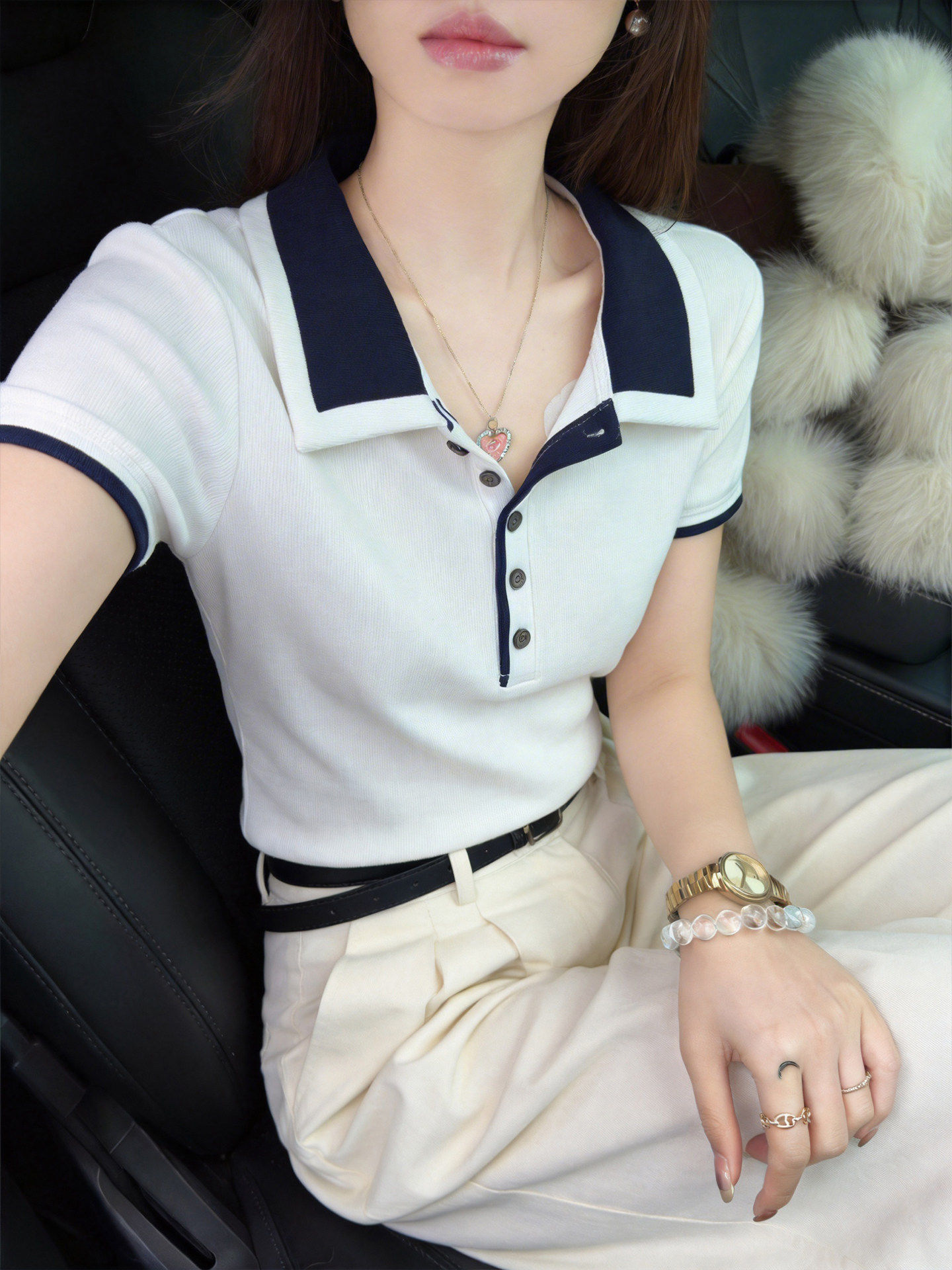 Áo thun polo nữ cổ bẻ tay ngắn dệt kim cài nút form ôm — Màu ảnh