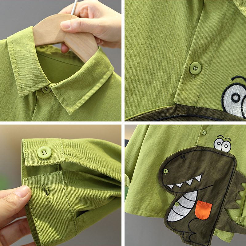 5911 Traje de otoño para niños 2025 Nueva camisa de dinosaurio de moda Ropa de manga larga de primavera y otoño para niños de dos piezas