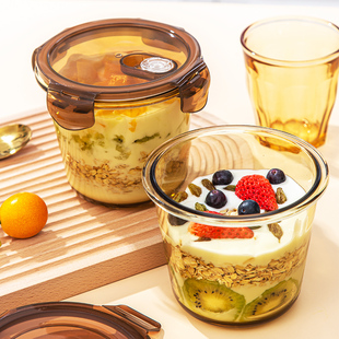 ⊙Overnight Oatmeal Cup Yogurt Microwave Breakfast Cup Food Grade High Borosilicate Glass Portable Sealed Milk with Lid