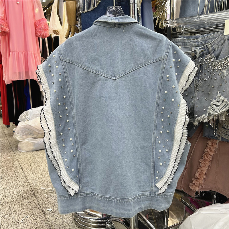 2024 primavera retro nicho con solapa de bordes de lótus sueltos versátiles lavado con agua cardigán azul chaqueta