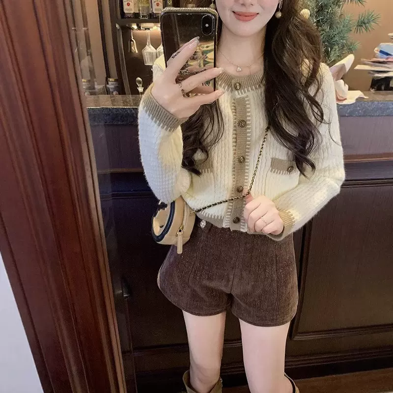 法式名媛小香风毛衣女2025新款秋冬气质名媛拼色圆领针织开外套女
