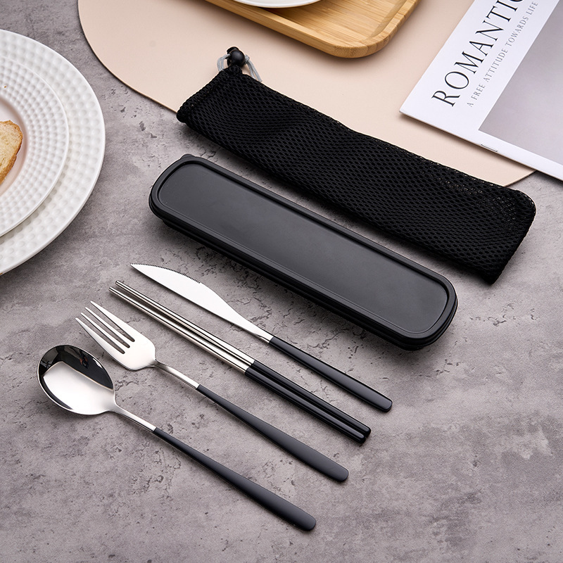 304 Stainless Steel Color-Plated Portable Tableware Korean-Style Knife, Fork, Spoon, and Chopstick Set for Students, Outdoor Tableware, Customizable Logo