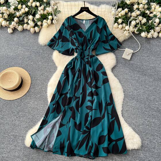 French Retro V-neck Short-sleeved Waist Printed dress Women's Summer Slimming Elegant Design Split Long Skirt