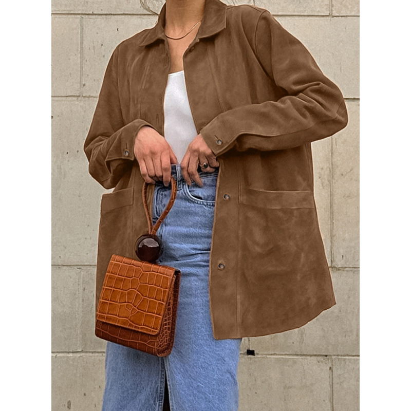 European and American Brown Suede Outwear for Women 2025 Autum Fashion Loose Design Lapel Outwear European and American Women's Clothing