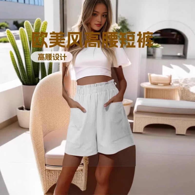 2026 Amazon Cross-Border European and American Cotton and Linen High-Waisted Fashion Plus-Size Wide-Leg Casual Shorts for Women Sports and Leisure