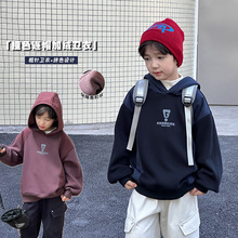 艾摩贝贝2025冬款儿童韩版加厚加绒拼色上衣潮童字母保暖连帽卫衣