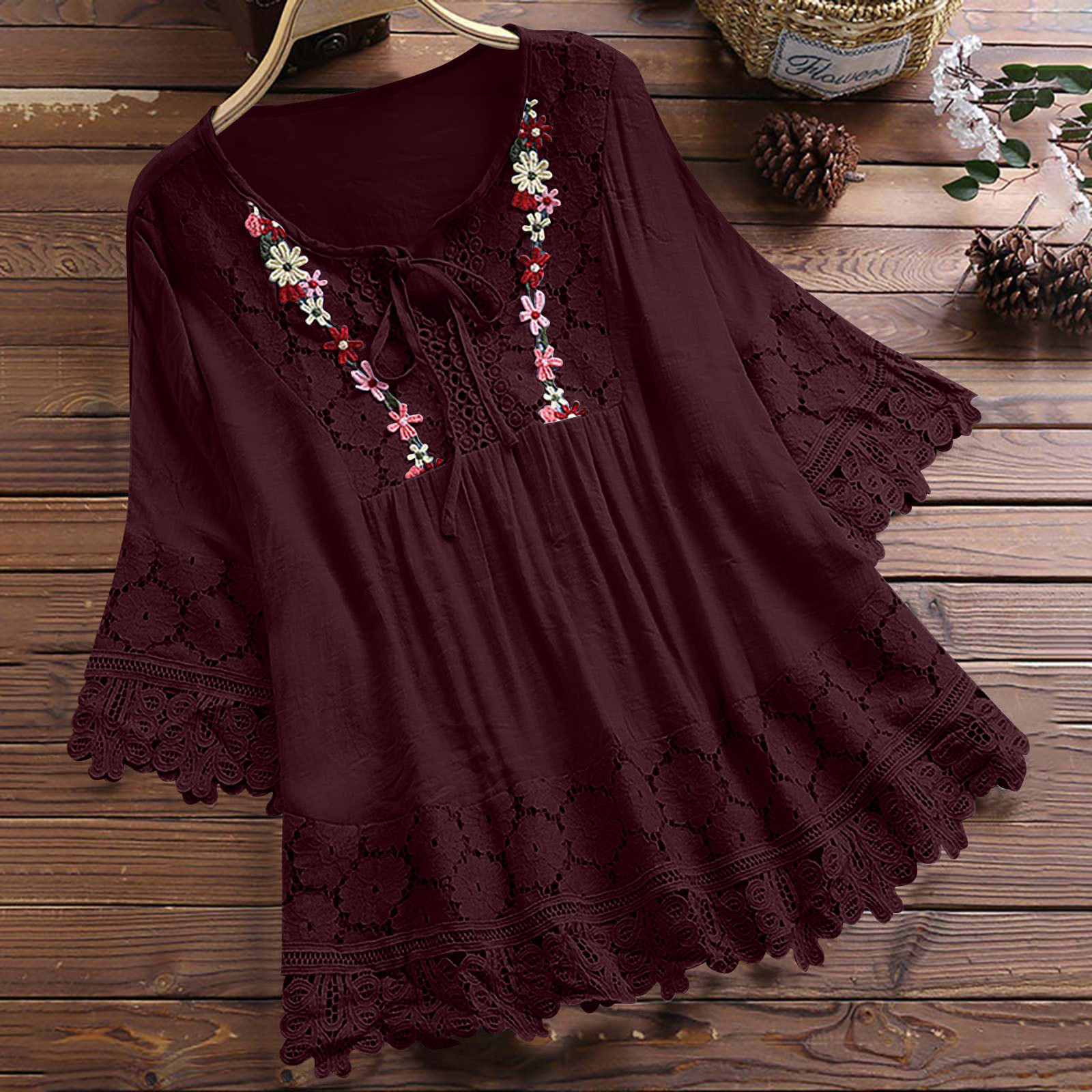 Elegante Damenbluse Mit V-ausschnitt Aus Baumwoll-leinen-mix_voghion.com