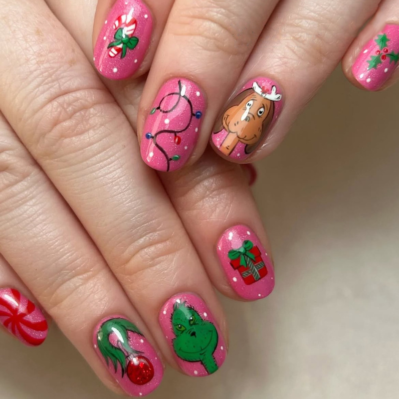 Pink Christmas Short Square Wearable Nails Grinch Bright Oil Nail Strips Striped Jump Color Manicure Pieces Removable