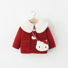2025年冬季新款猫咪皮毛一体呢子外套  女童加绒加厚呢大衣送猫包