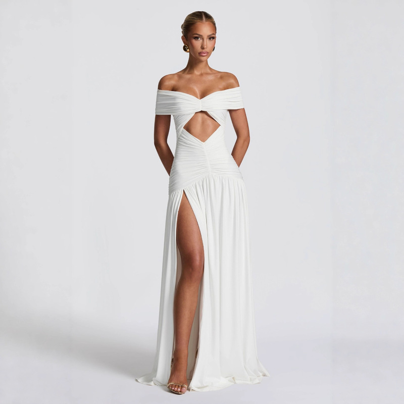 Cross-Border Style European and American Off-Shoulder Dress, Slimming Solid Color Diagonal Slit, Fitted Patchwork Irregular Fishtail Long Dress Wholesale Cross-Border Style European and American Off-Shoulder Dress, Slimming Solid Color Diagonal Slit, Fitted Patchwork Irregular Fishtail Long Dress Wholesale