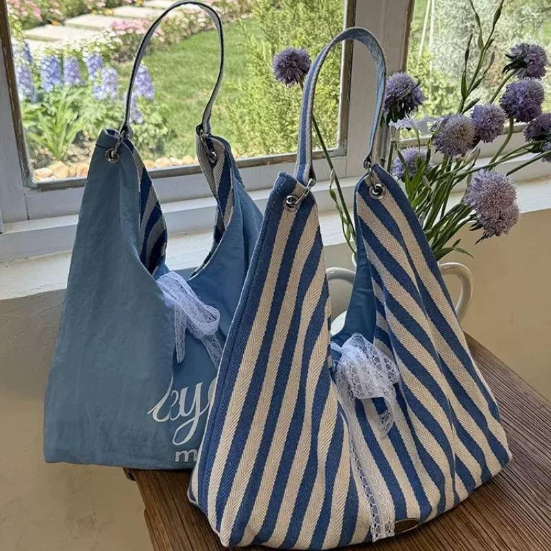 条纹帆布包包女夏天小众字母单肩包双面学生托特大包大容量收纳包