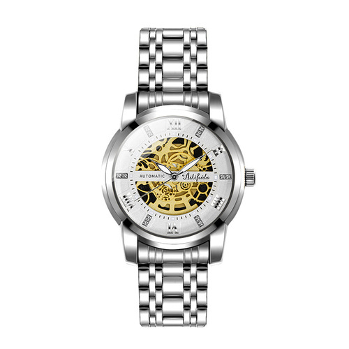 Aili Feida quartz skeleton watch for men—visible back cover, livestream sales, butterfly clasp, dropshipping available.