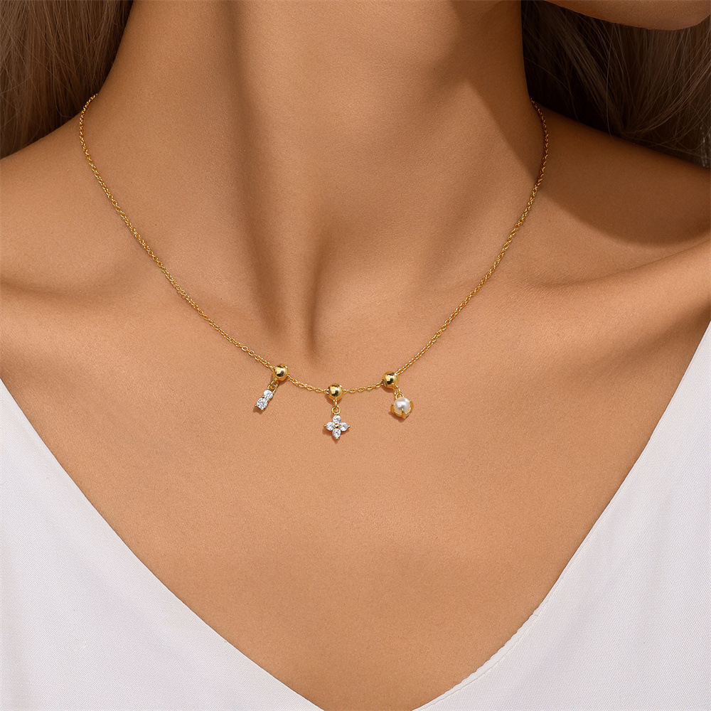 Daily Occasion 925 Sterling Silver Zircon Cable Chain Plating Geometric Multi Charms Necklace