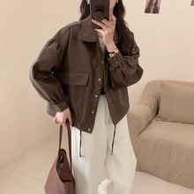 棕色复古pu皮衣外套女秋美拉德复古设计时髦机车服短夹克百变搭配