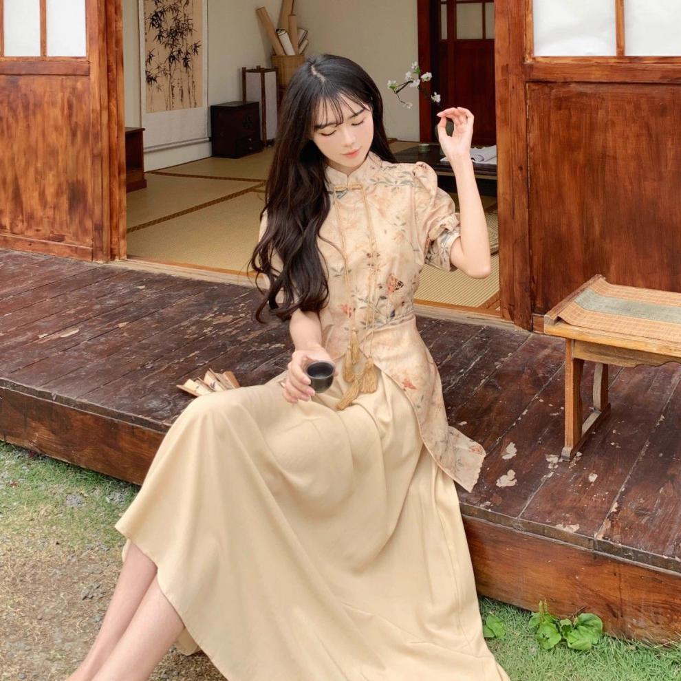 Vintage Chinese Style Dress National Printed Clothing Women Night