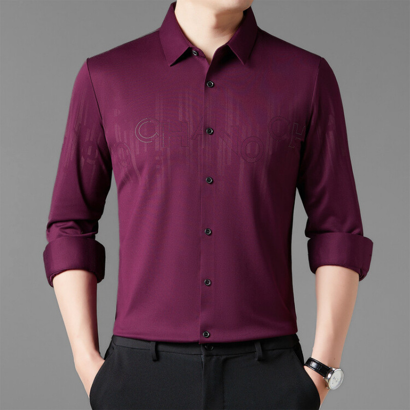 2025 Spring Red Long Sleeve Shirt Men's Ice Silk Traceless Stretch Dad's Clothes Shirt Casual Middle-aged and Young People's Sweatshirt