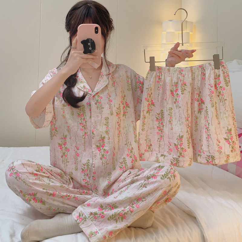 Vine Small Floral Cloud Cotton Summer Pajamas Women's Short-Sleeved Shorts Three-Piece Suit Home Clothes Sweet Wholesale Real Shot