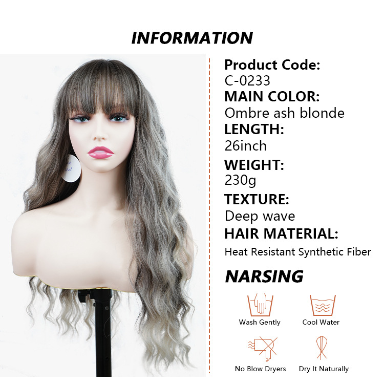 Synthetische Perücke, Chemiefaser-Perücke, komplettes Set, Farbverlauf, grau, gerader Pony, tiefe Welle, lange lockige Haarperücken_voghion.com