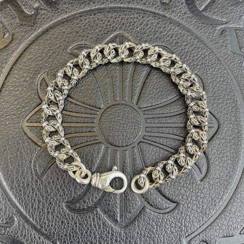Sterling Silver CH Crow Full Flower Cruciferous Bracelet Retro Old Niche Domineering Classic Punk Cuban Chain
