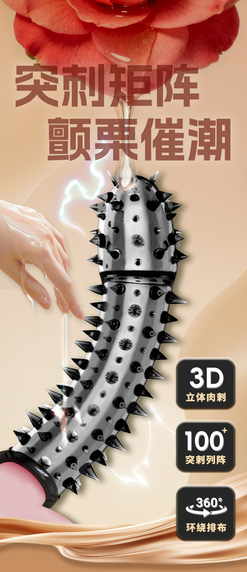 Dragon Whisker Spike Textured Penis Sleeve, TPE Wolf-Tooth Condom Extender, Transparent Black — detail image 1
