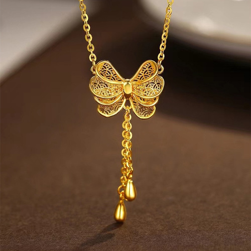 Summer Fairy Bow Necklace Hollow Bow Earrings Ring Sand Gold Fairy Three-piece Gift Set