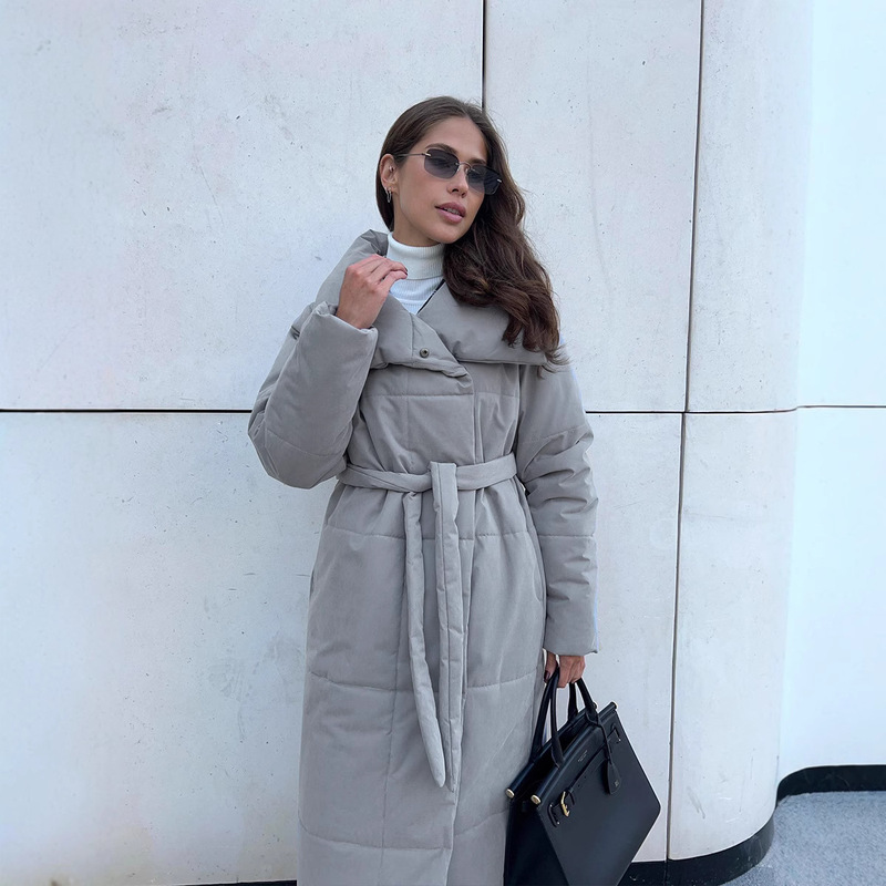 Cross-Border Long Cotton Jacket European and American 2025 Winter New Style Loose Casual Warm Long Stand-Up Collar Cotton Jacket