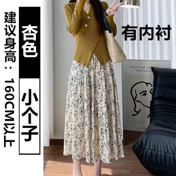 碎花褶皱半身裙女2025夏季新款高腰显瘦A字大摆裙中长款百褶伞裙|undefined