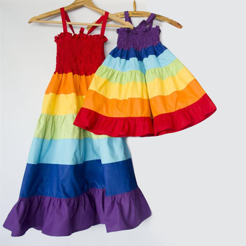 亚马逊外贸爆款 彩虹条纹亲子装母女装吊带连衣裙迷你可爱童装