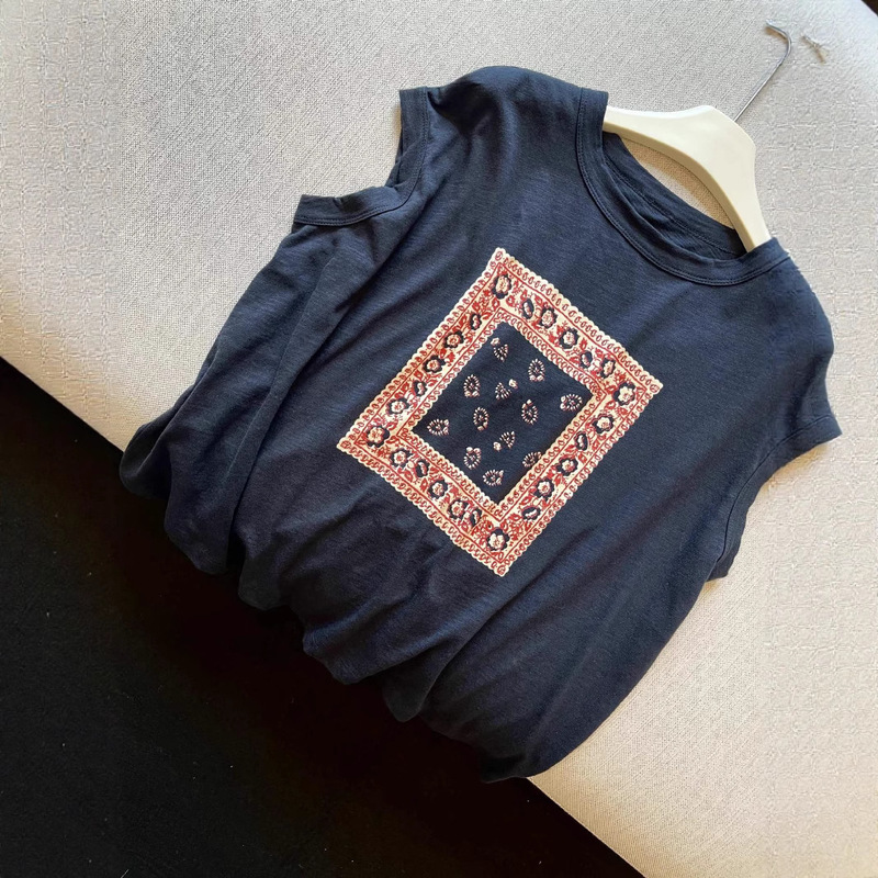 Nanyou 25 Summer New Japanese Style Design Square Wave Flower Print Loose Silhouette Sleeveless T-Shirt for Women