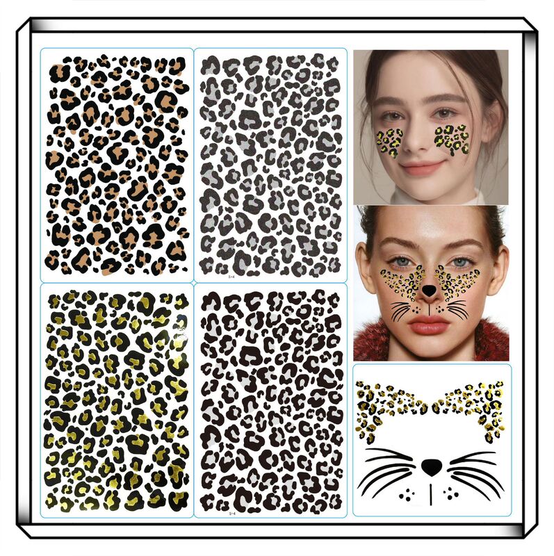 New Cross-Border Facial Tattoo Stickers: Fake Cheetah Tattoo, Cat Whisker Tattoo Stickers, Leopard Print Metallic Foil Halloween