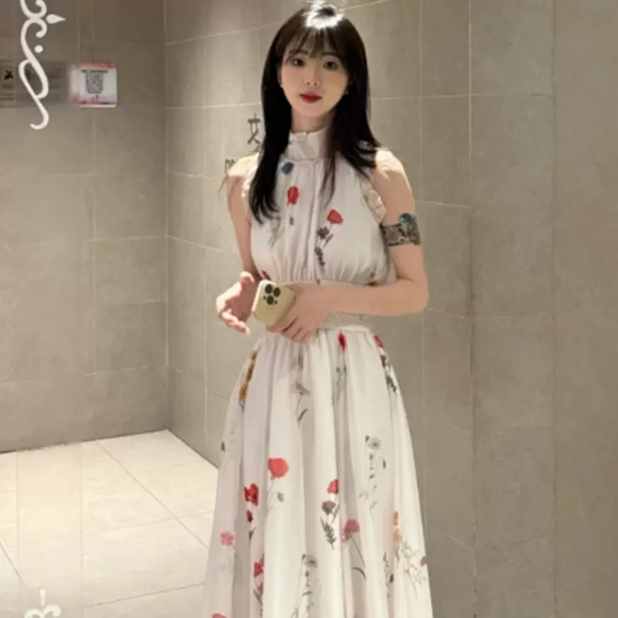 【黛珊】2025早春跨进重点款甜美清爽繁花木耳边蝴蝶结高腰连衣裙