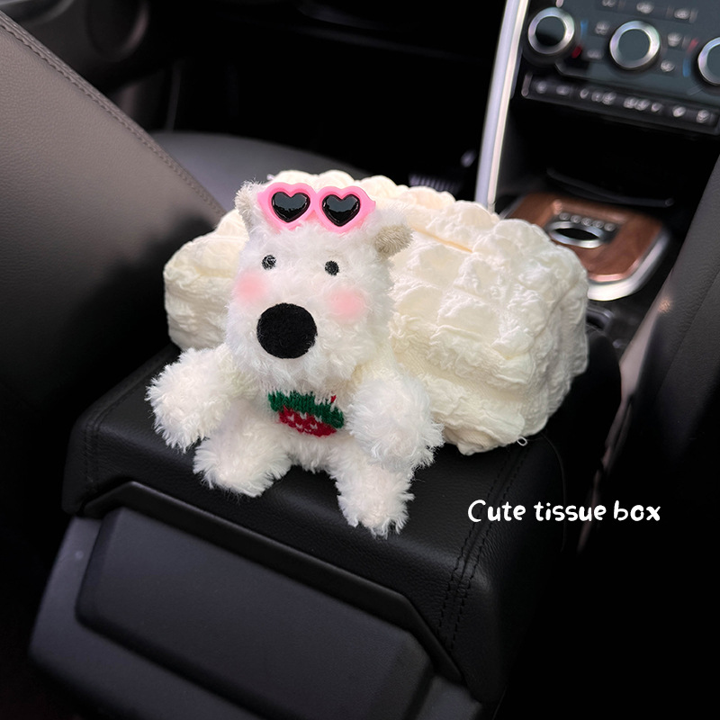 Caja de reposabrazos Caja de pañuelos Caja de dibujo para coche 2024 Nueva muñeca West Highland Decoración de coche Bolsa de pañuelos Mujer linda